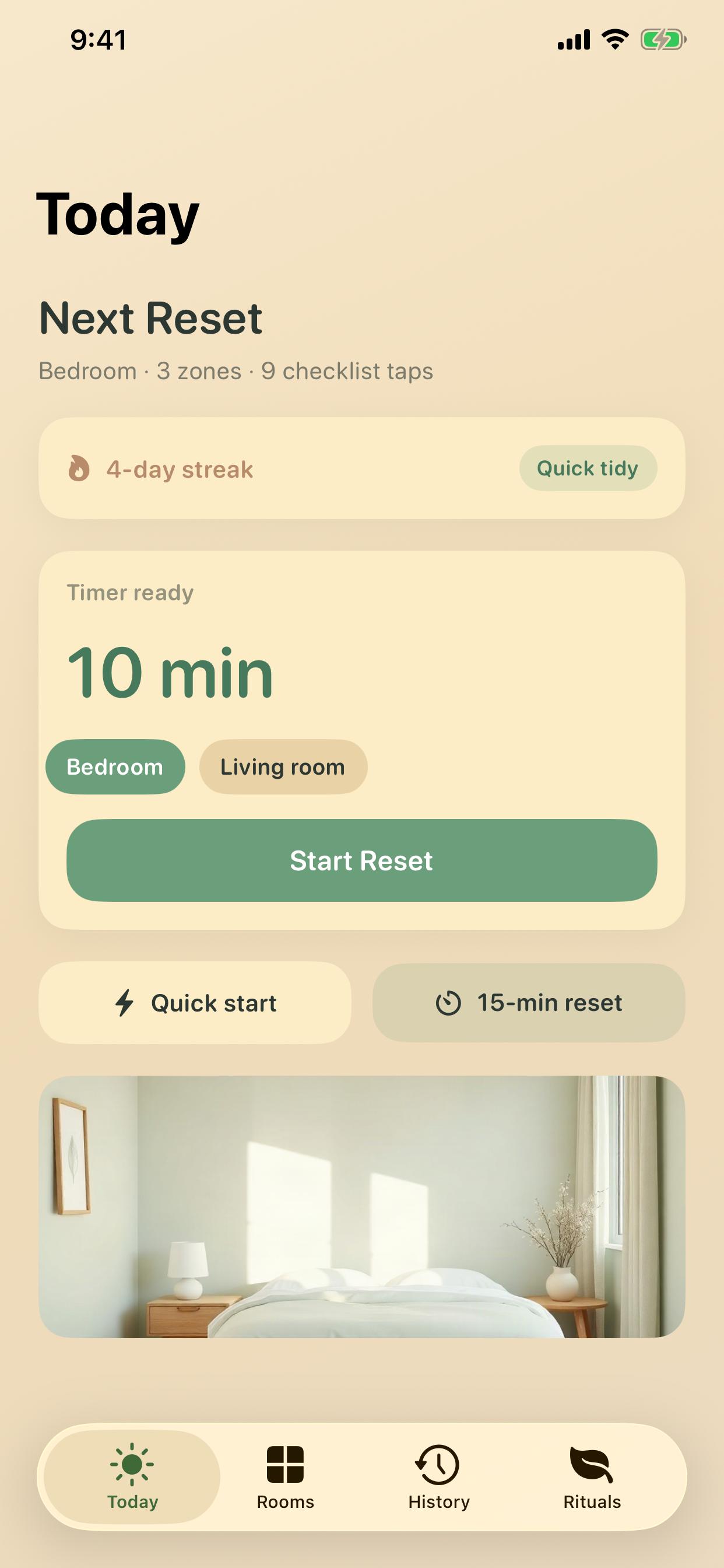 Today hub with streak and start reset